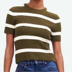 Madewell Olive and White Women’s  Bouclé-Knit Crewneck Sweater Tee Size XS